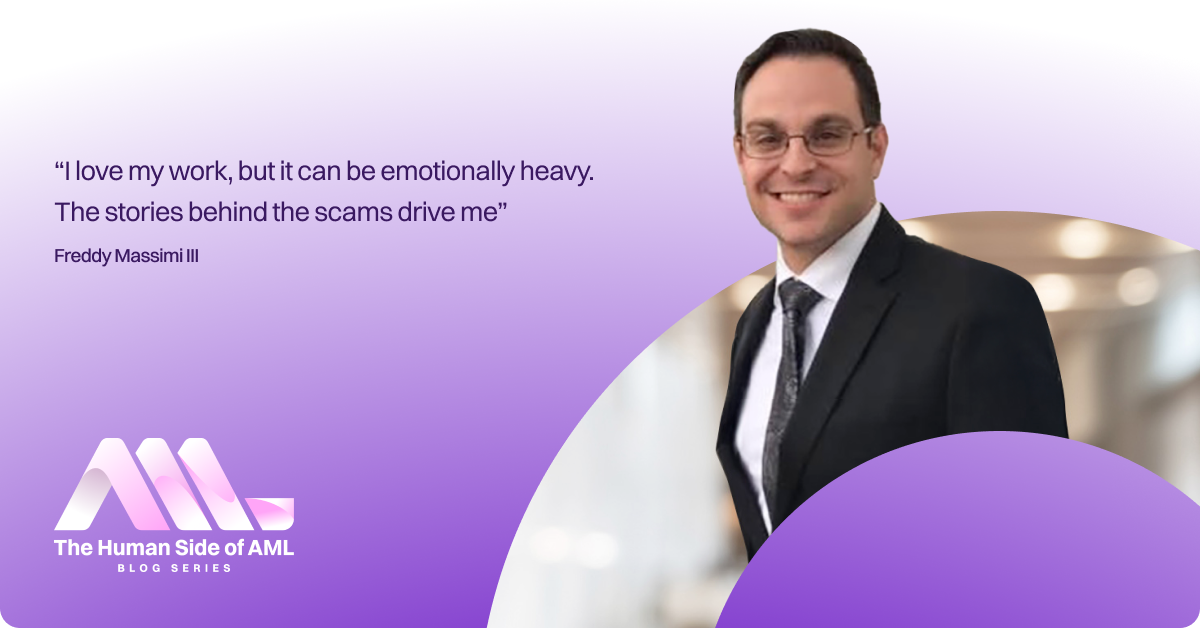 Man in a suit smiling, next to stylized text "The Human Side of AML Blog Series" with a purple and white design.