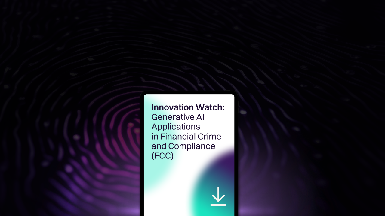 Phone displaying text: "Innovation Watch: Generative AI Applications in Financial Crime and Compliance (FCC)" on a blurred fingerprint background.