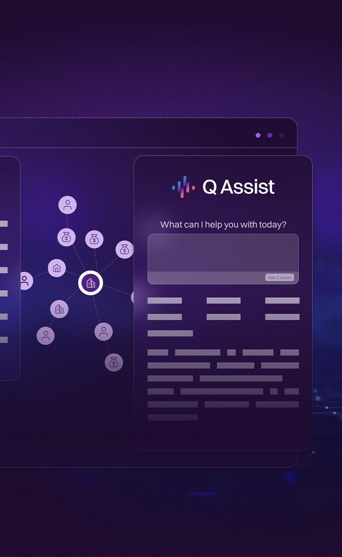 Digital interface with "Q Assist" header, a query box, and connected icons on a dark purple background, suggesting a tech support tool.