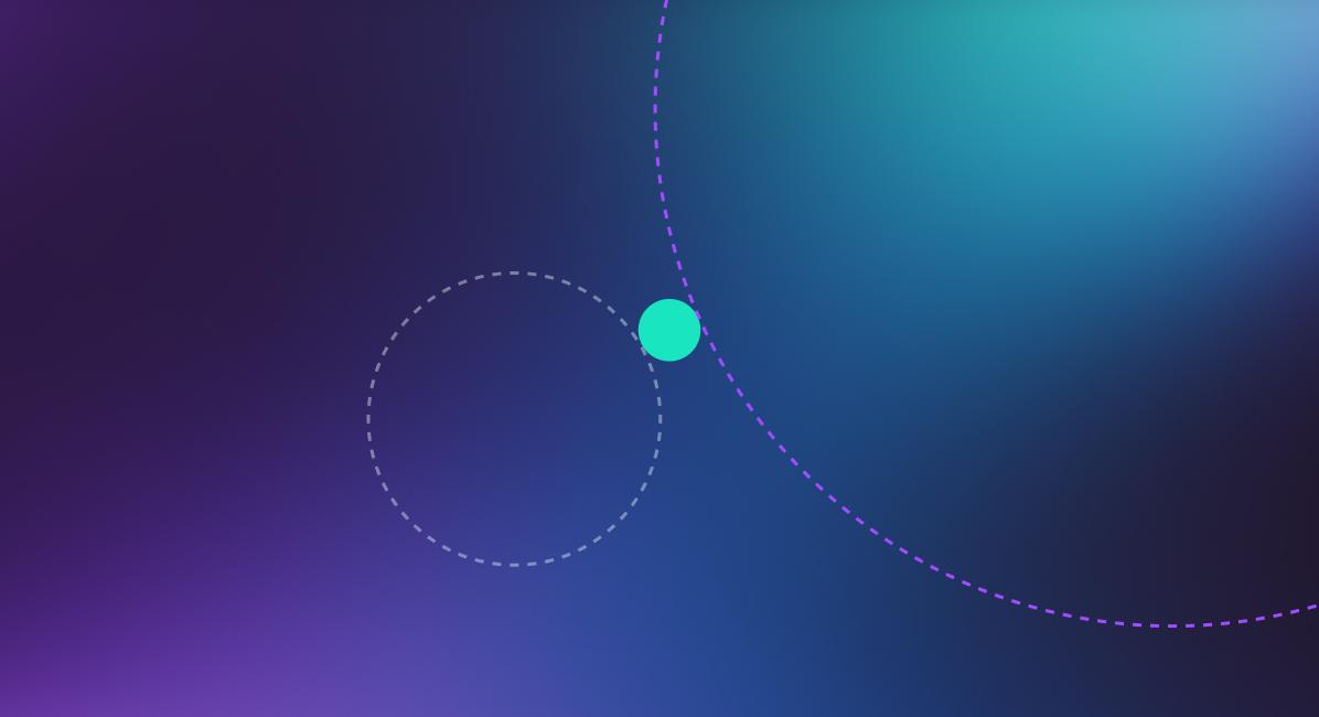 A gradient background from purple to teal with a cyan circle and intersecting dashed lines.