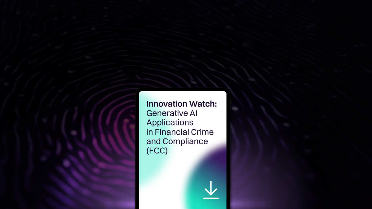 Phone displaying text: "Innovation Watch: Generative AI Applications in Financial Crime and Compliance (FCC)" on a blurred fingerprint background.