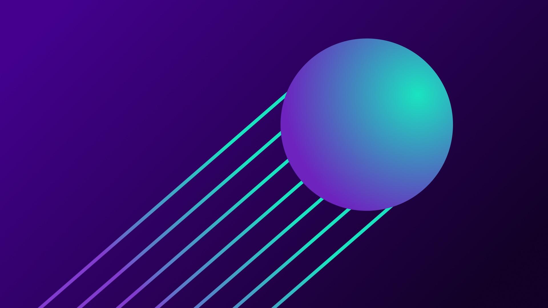 Gradient sphere with trailing lines on a purple background, creating a dynamic, futuristic effect.