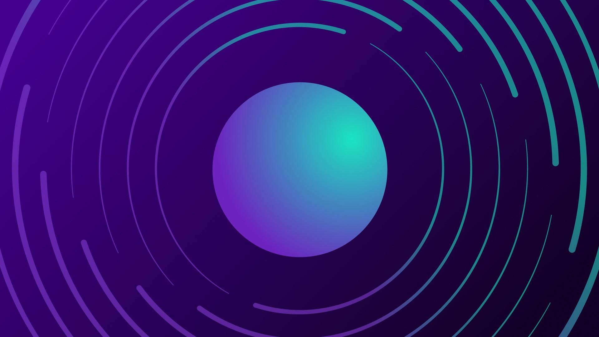 Gradient sphere with purple and teal rings on a dark purple background, creating a futuristic design.