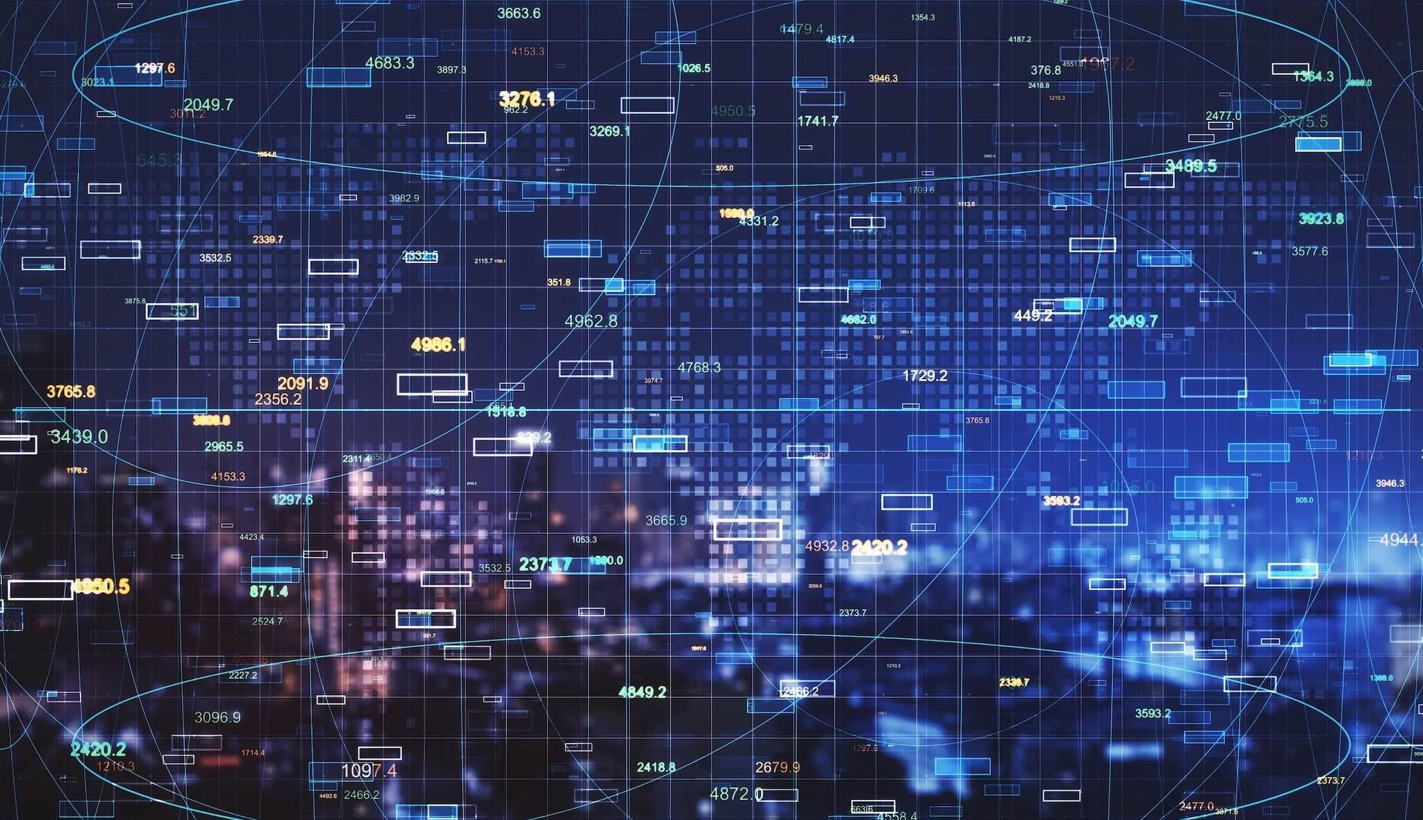 Digital data visualization with numbers and grid lines over a blurred cityscape background, suggesting technology and communication networks.