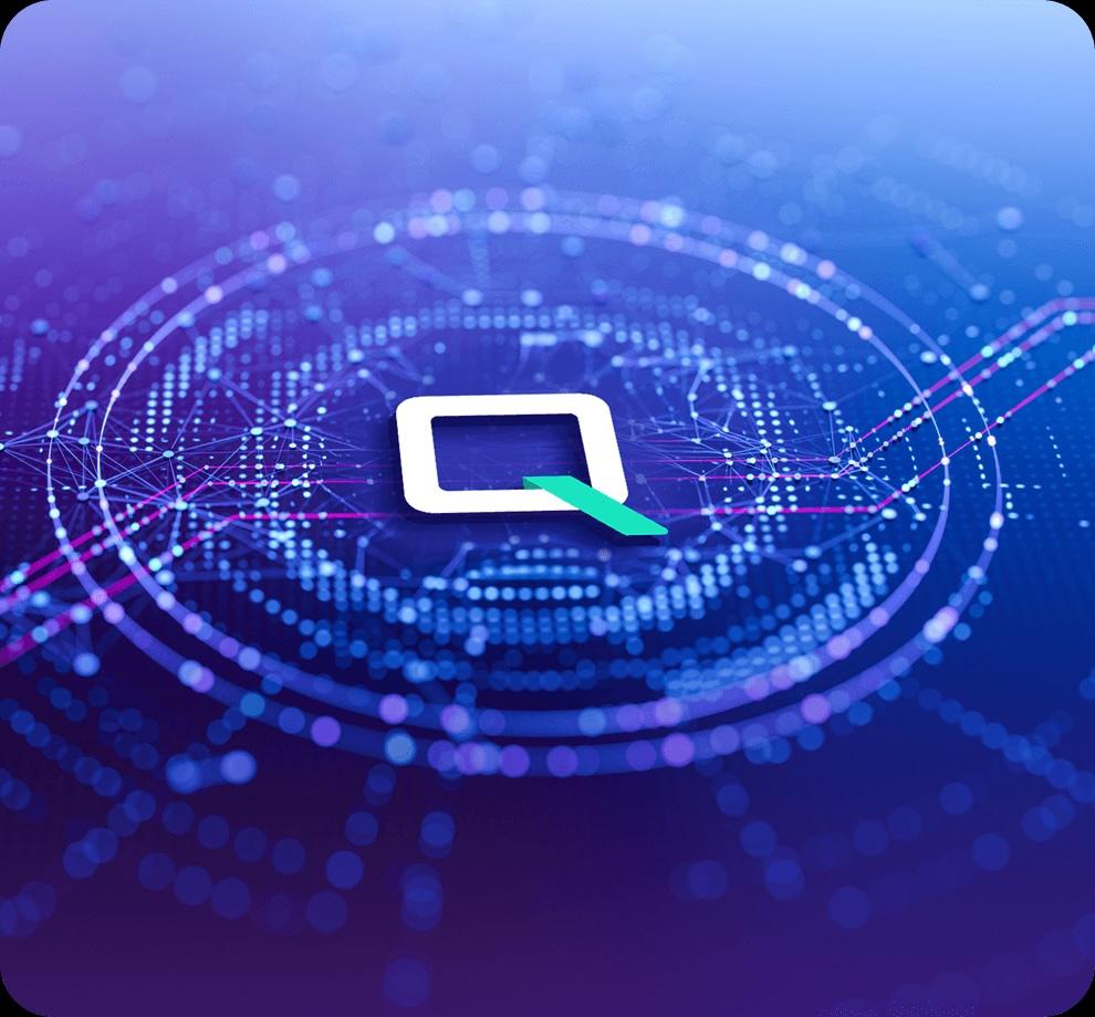 Futuristic digital graphic with a central square logo, surrounded by interconnected lines and nodes on a blue and purple background.