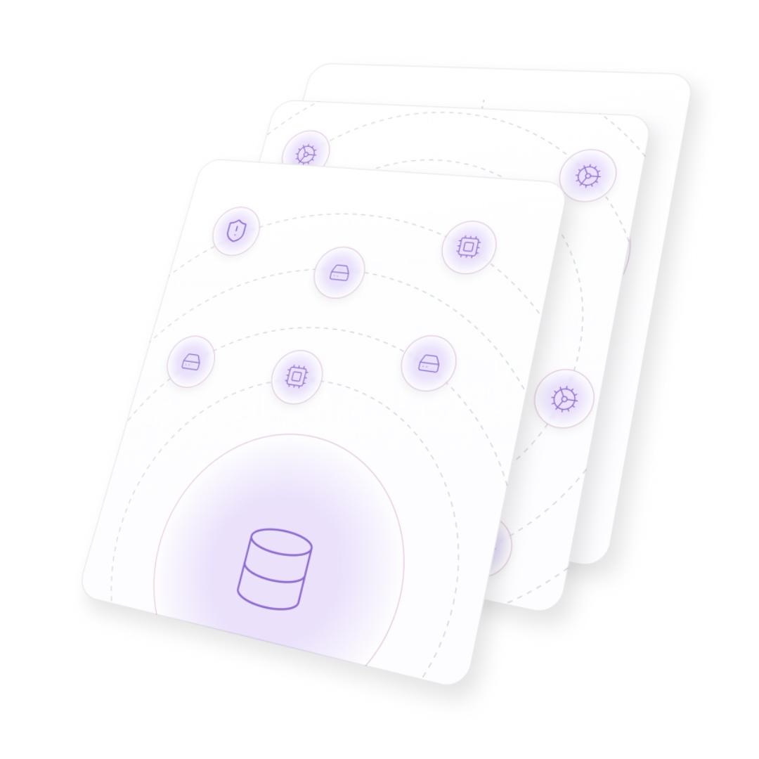 Abstract illustration of three overlapping cards with purple icons, including a database, shield, and gear, connected by dotted lines.