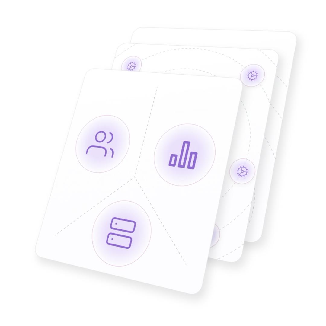 Three overlapping cards with purple icons: a person, bar chart, and server. Background features faint network lines and nodes.