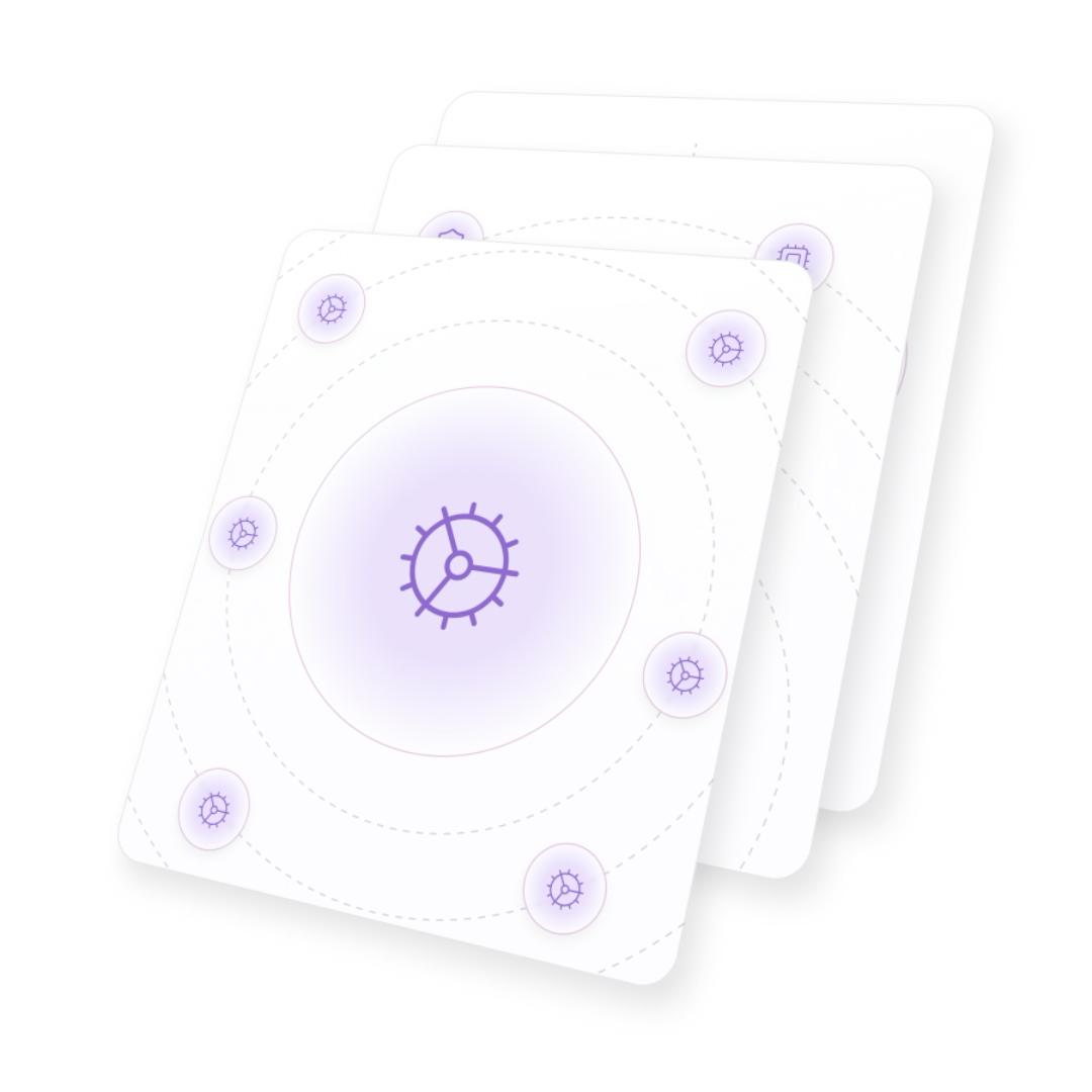 Abstract design featuring overlapping cards with a central gear icon surrounded by smaller gears, all in purple on a white background.