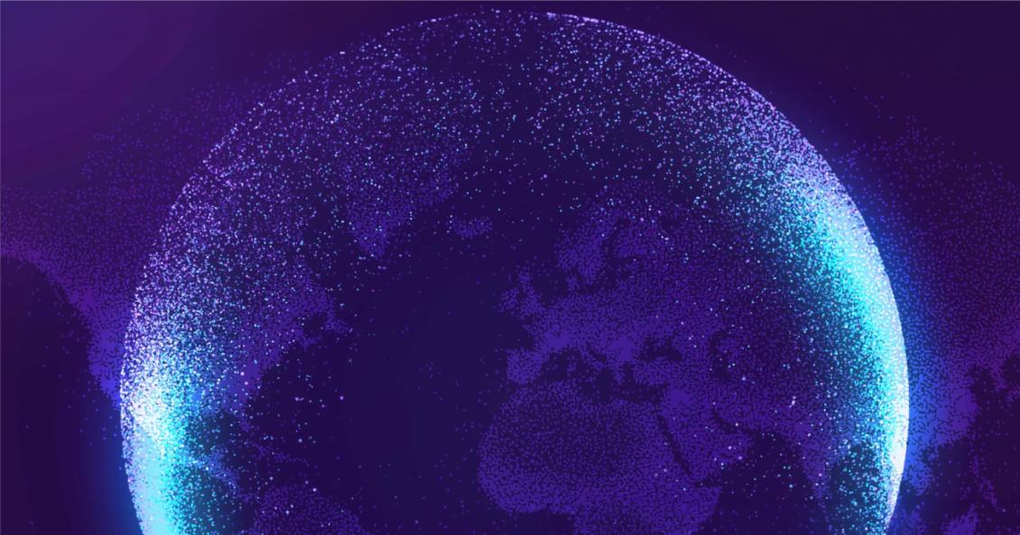 A digital, abstract illustration of a glowing Earth globe in purple and blue hues, composed of small dots against a dark background.