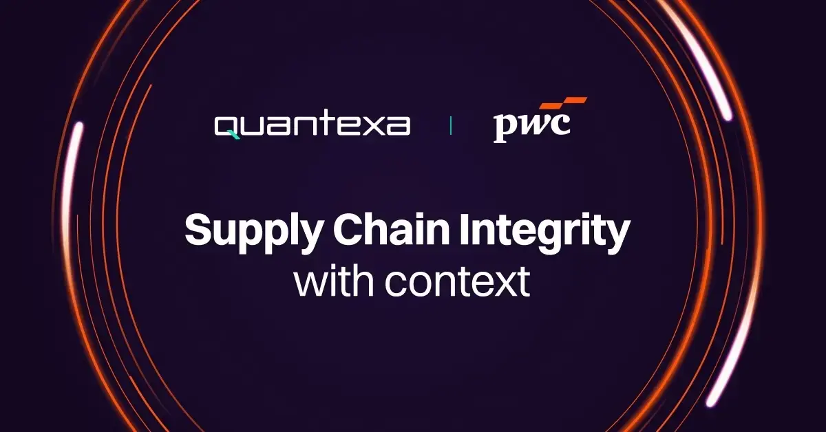 Logos of Quantexa and PwC on a dark background, with the text "Supply Chain Integrity with context" and orange circular accents.
