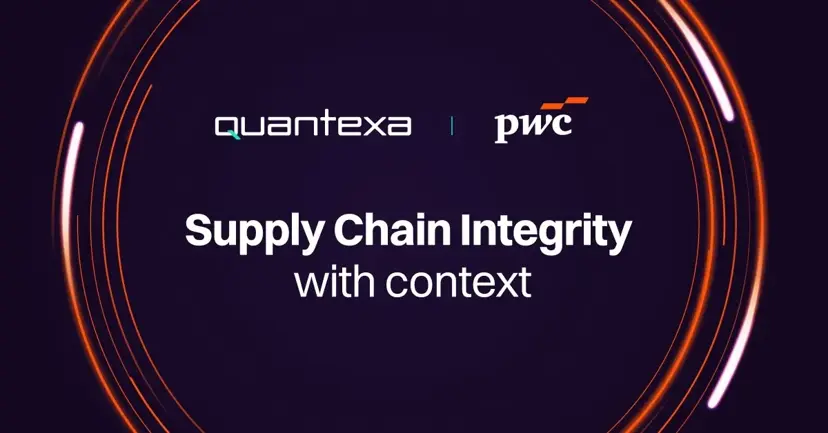 Logos of Quantexa and PwC on a dark background, with the text "Supply Chain Integrity with context" and orange circular accents.