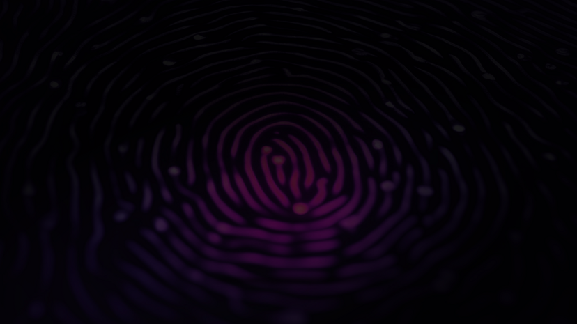 A glowing purple fingerprint pattern on a dark background, with intricate lines and dots creating a sense of depth and texture.