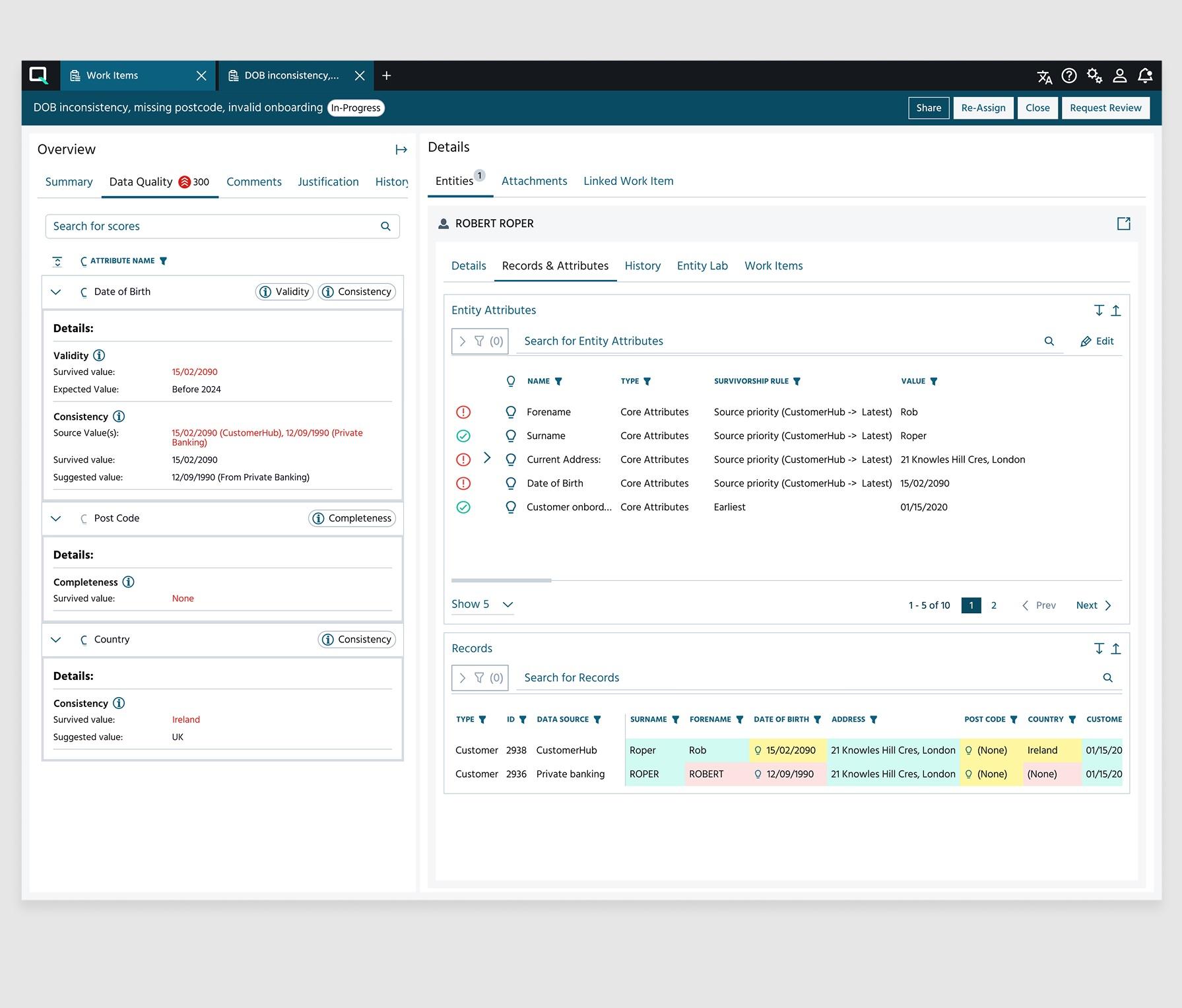 Dashboard interface showing user details and data attributes. Features tabs for entities, issues, and work items with options for data quality management.