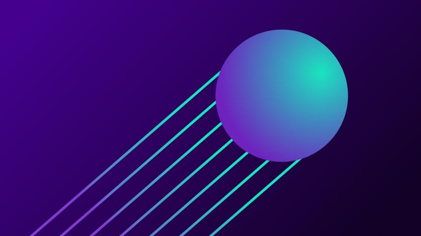 Gradient sphere with trailing lines on a purple background, creating a dynamic, futuristic effect.