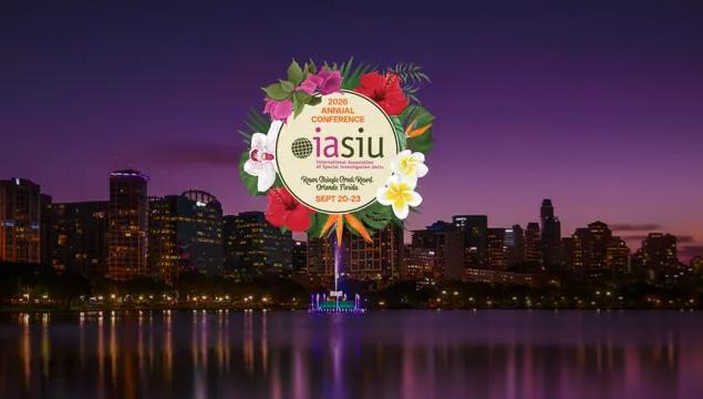 Night skyline of a city with a conference logo featuring colorful flowers, announcing the IASIU 2026 Annual Conference in Grand Hyatt, Grand Falls, Sept 20-23.